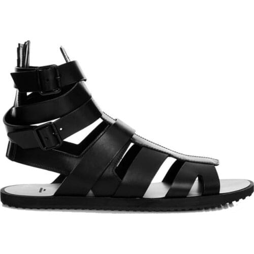 Black Sandals Men 2020 Summer Buckle Sandals Boots Genuine Leather Gladiator Sandals High Top Beach Sandalia Slides Plus Size 45
