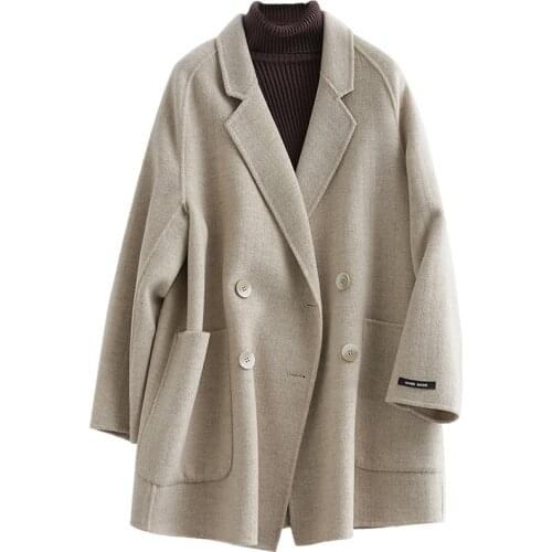 2020 New Fashionable Two-sided Wool Overcoat Wool Loose Long Herringbone Pattern Loose Coat Woman