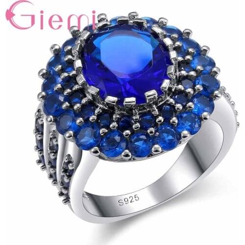New Fashion Gift 925 Sterling Silver Brand Jewelry Shiny Big Blue Austrian Crystals Women Bijoux Trendy Wedding Ring