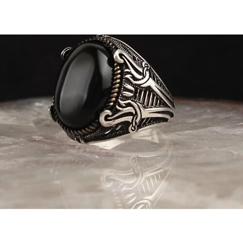Onyx Stone Sword Model 925 Sterling Silver Men 'S Ring