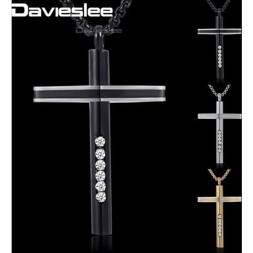 Davieslee Cross Pendant Necklace Mens Chain Clear Rhinestones Inlay Stainless Steel Gold Black Color Silver Color DKPM132