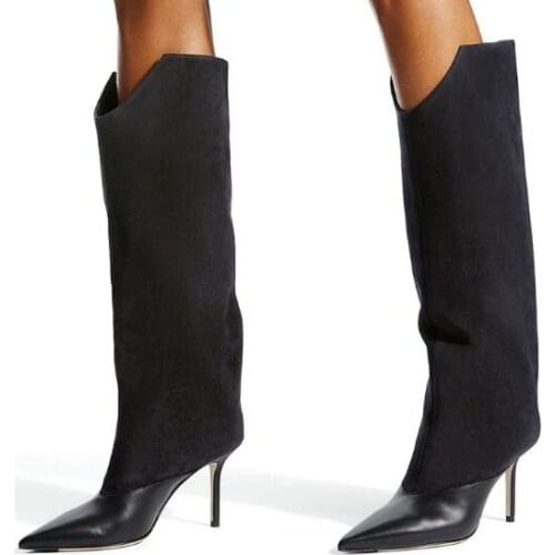 Drop Shipping Woman Black Gray Leather Suede Patchwork Pointed Toe Stiletto Heels Knee High Long Boots Plus Size Fashion Boots