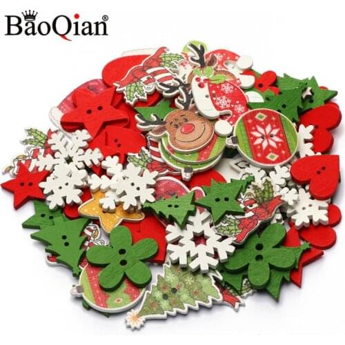 50pcs Mixed Christmas Decor Wooden Buttons 2 Hole Sewing Button for Kids Clothing Scrapbooking DIY Craft New Year Decoration