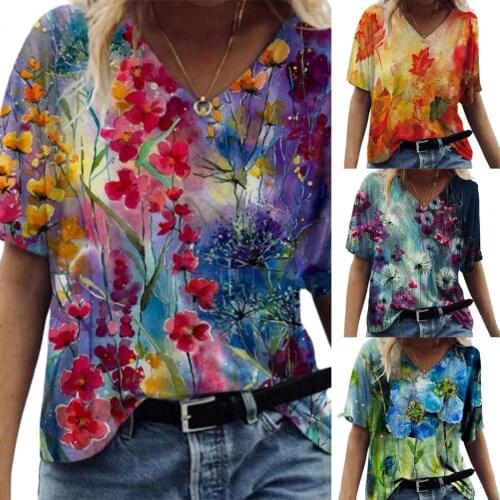 Plus Size Ladies Tops Women T-shirt Floral 3D Print Short Sleeve V Neck Loose Blouse Top Summer Casual Loose Tee Top Streetwear