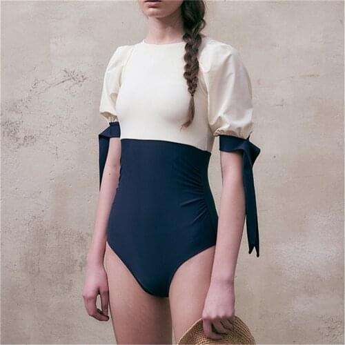 Short Sleeve One Piece Swimsuit Women Contrast Color Swimwear Tummy Control Bathing Suit Vintage Lace Up Monokini Strappy Sides