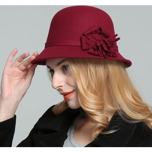 Vintage Women Imitation Woolen Solid Color Flower Decor Bucket Hat Bowler Cap Hat for Women Girls Autumn Winter elegant Hat