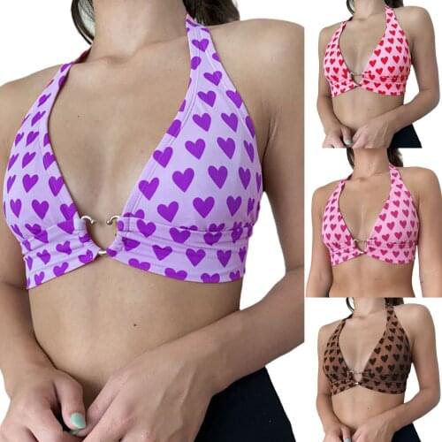 2021 New Womens Camisole, Sexy Sleeveless Backless Heart Print Lace-up Halter Tops for Vacation Dating Travelling Party