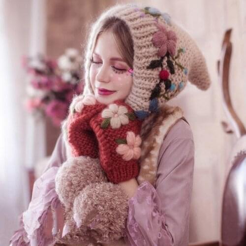 2021 autumn winter new retro personality spire exquisite embroidery winter knitted witch big hair ball wool hat