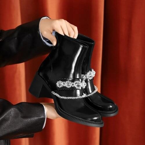 Womens Rhinestones Crystal Pearls Ankle Boots Genuine Leather Block High Heel Shoes Fashion Luxury Black White New 2021