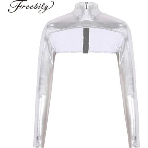 Shiny Metallic Turtleneck Sexy Crop Top Women Autumn 2019 Cropped Top Winter Long Sleeve Back Zip Up Form Fitting Shrugs Shirt