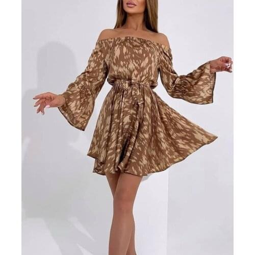 Sexy Beach Off Shoulder Mini Dress Casual Slash Neck Flare Long Sleeve Belt 2021 women Summer Holiday Dresses Print Lady Dress