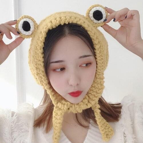 Girl frog Winter Fashion Cute Girl Frog Eyes Solid Color Knitted Ear Cover Earmuff Cap sweet and lovely warm wool Cap Female