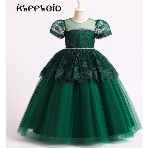 2021 long Prom Evening Dress Girls' summer lace princess skirt nail bead wedding dress mesh bubble sleeve long skirt childrens