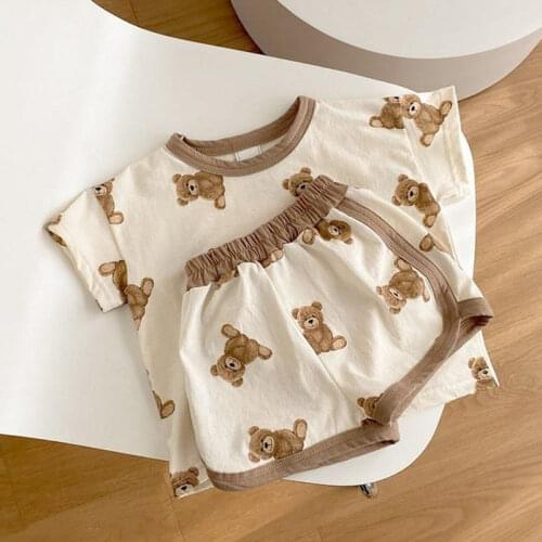 2021 Summer New Cute Baby Boy Cartoon Bear Printed Pattern Casual Short Sleeve Tops+Toddler Girl Breathable Shorts 2pcs Set 0-5