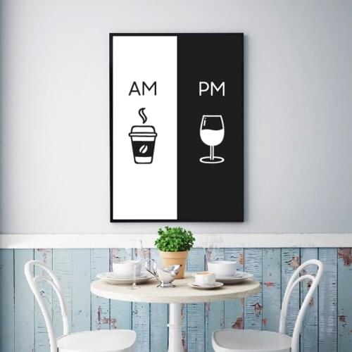 Am Coffee PM Wine Sign Print Kitchen Poster Home Wall Art Decor Coffee & Wine Art Canvas Painting Wall Picture Decoration
