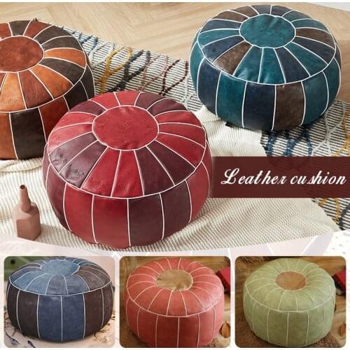Home Decor Moroccan PU Leather Pouf Embroider Craft Hassock Ottoman Footstool Round 55cm Artificial Leather Unstuffed Cushion