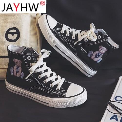 JAYHW Anime Bear Printing Women Fashion Casual Sneakers Patchwork Canvas Shoes Girls Black Running Platform Shoes Woman