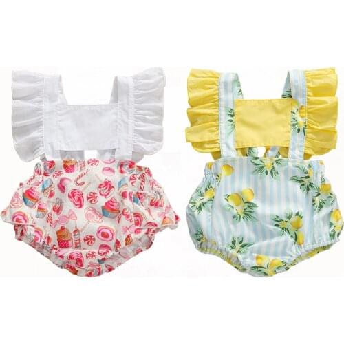0-24M New Summer Baby Girls Romper Candy/Lemon Print Ruffles Sleeve Backless Jumpsuits Cute Baby Girl Clothes
