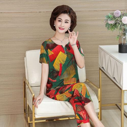 Middle-Aged Mother Suit Cotton Silk Printed T-Shirt 2 Piece Set Pants Set 2021 New Summer Fashion Womens Suit Mother Dress W817