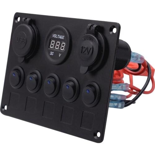 Red LED 5 Gang Toggle Switch Panel Dual USB Socket Charger Voltmeter