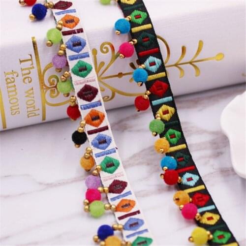 Lace Trim Bohemian Ethnic Embroidery Lace Ribbon Width 2cm Colorful Round Ball Tassel Pompom Beads Pendant Collars Accessories