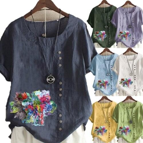 Summer Casual Print Loose T-shirts Vintage Linen O-Neck Plus Size Short Sleeve Blouse Tops For Women S-5XL