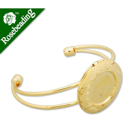 32MM Gold Bracelet Photo Locket,Cuff,Adjustable,Inner bezel size is 24mm;outsite bezel size is 19m;Sold 5PCS Per Lot