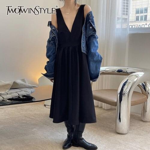TWOTWINSTYLE Casual Dresses For Female Deep V Neck Sleeveless High Waist Slimming Womens Casual Pleated Dresses Fashion New