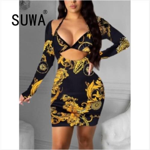 Festive Bandage Costumes Front Hollow Out Sexy Dresses For Women Long Sleeve Elegance Party Night Club Bodycon Dress 2021