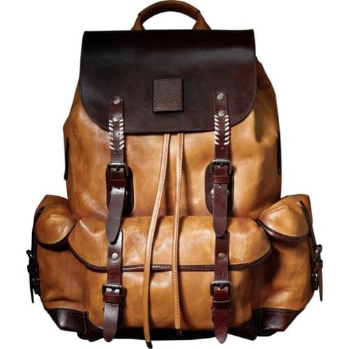 Luxury Mens Cow Leather Backpack Leather Bag Simple Military Style Travel Bag Large Capacity Retro