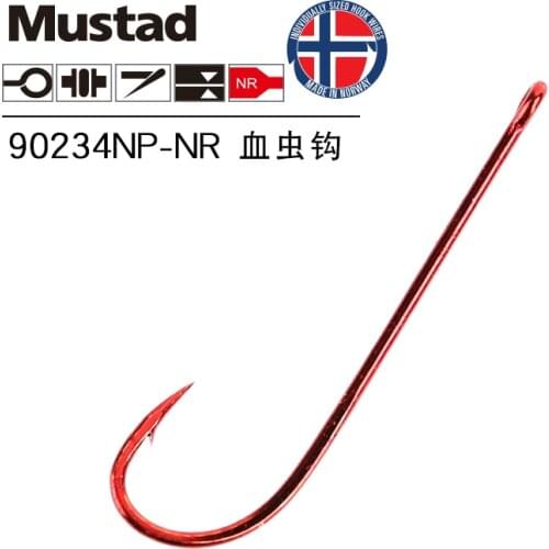 Strong Mustad 90234NP Fishing Hooks Long Blood Worm Lure Bait Hook Fashion Red High Strength Barbed Circle Tackles 1-12# Pesca