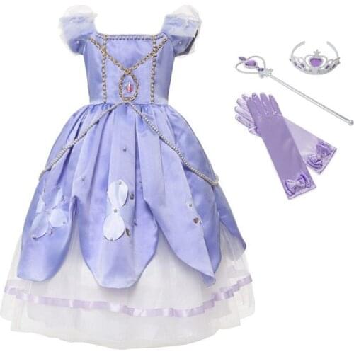VOGUEON Girls Deluxe Sofia Dress Blue and Pink 2 Colors Beading Layer Princess Party Cosplay Costume Gift for Birthday Halloween