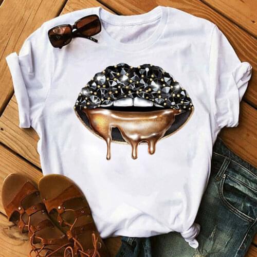 Women T Shirt Fashion Makeup Black Lips In Diamonds Drip Graphic Tee Shirt Summer Women Tee Aesthetic White Female T-shirt Tops