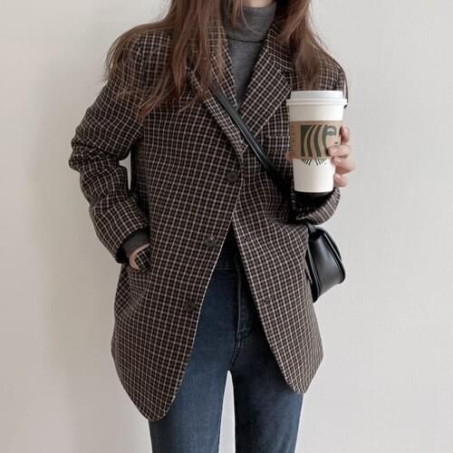 New Suits Female Vintage Autumn Notched Collar Plaid Women Blazer Breasted Jacket Casual Pockets Womens Suits Coat Blazers Suits