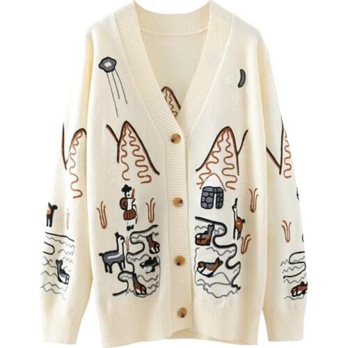 2021 spring high quality fashion embroidered V-neck cardigan oversized long sleeve single breasted button knit sweater