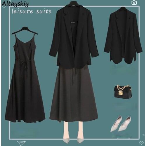 Dress Sets Women Simple All-match Fashion Korean Style Loose Drawstring Blazer Large Size Pure Color Female 2 Pieces Temperament