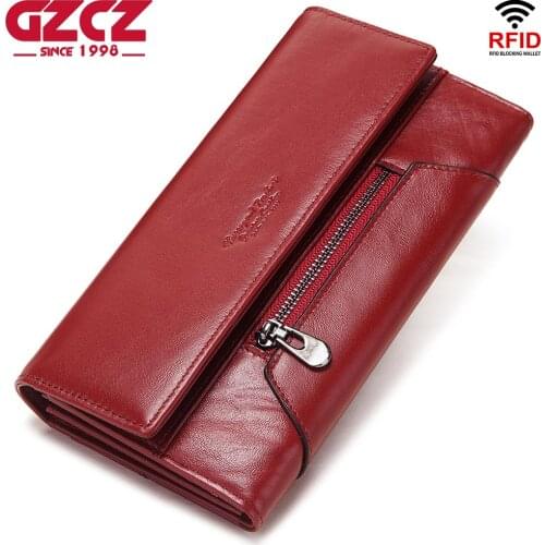 GZCZ Rfid Genuine Leather Women Wallet Female Long Clutch Lady Walet Portomonee Luxury Brand Money Bag Magic Zipper Coin Purses
