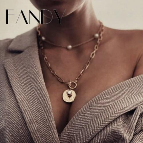 IF ME Bohemian Cuban Chain Necklace for Women Gold Color Multilayers Pearl Coin OT Lock Long Pendant Necklaces Jewelry New Gift