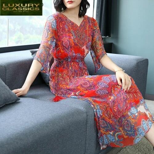 Women Silk Long Dress Beach Party Summer Dress Print Vintage Dresses Plus Size Vestido Ladies Office Wear Clothes LWL1551