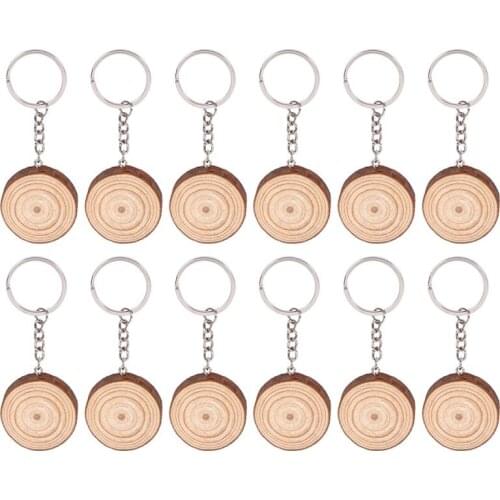 12 Pcs Wooden Key Chain DIY Hand Drawing Keychains Creative Key Pendants DIY Hand Painted Round Pine Wood Keychain