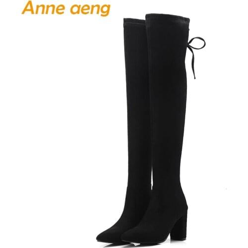 2018 New Winter Women Over-The-Knee Boots High Heel Pointed Toe Lace-Up Sexy Ladies Women Shoes Black Thigh High Boots Big Size