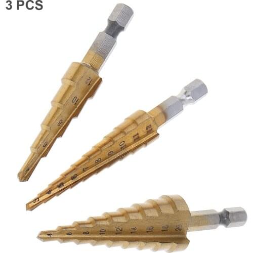 3Pcs 1/4 Inch Hex Shank HSS Titanium Coated Core Step Drill Bit Set 3-12mm 4-12mm 4-20mm for Metalworking Metal Drilling