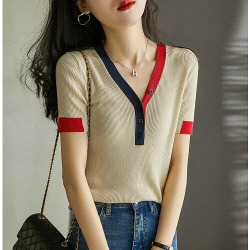 AOSSVIAO 2021 Summer Women Sweaters Lce Silk Pullover V-Neck Short Slim Button Korean Jumpers Candy Color Female Tops