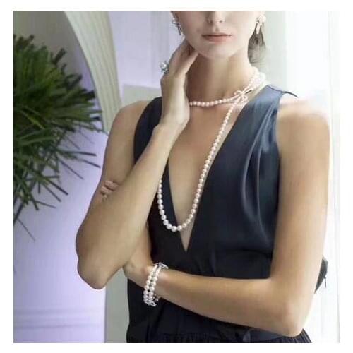 Free shipping Jewelry 2strands 6-7 mm natural south sea white pearl necklace micro inlay zircon