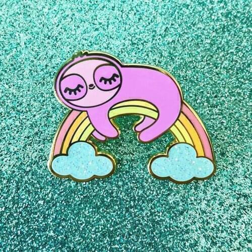 Glitter Dream Sloth Laying on Rainbow Hard Enamel Pin Cute Cartoons Animal Medal Brooch Accessories Fashion Jewelry Gift