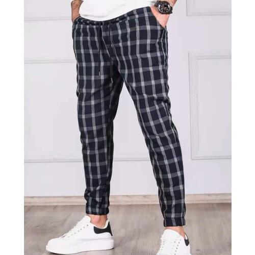 2021 New Plaid Pants Men Slim Fit Pencil Pants Mid Waist Drawstring Trouser Men Fashion Loose Casual Jogger Long Pants