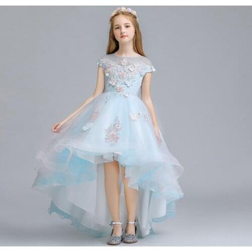 Flower Girl Dress Crystal Pearls Embroidery O-Neck Sequined Princess Appliques Knee-Length Luxury Lace Tulle Kid Party Gown H141