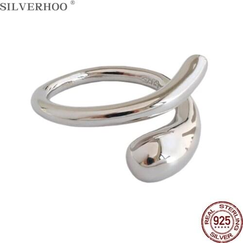 SILVERHOO Student Style Women Rings S925 Sterling Silver Minimalism Smooth Surface Ring Water Drop Adjustable Fine Jewelry