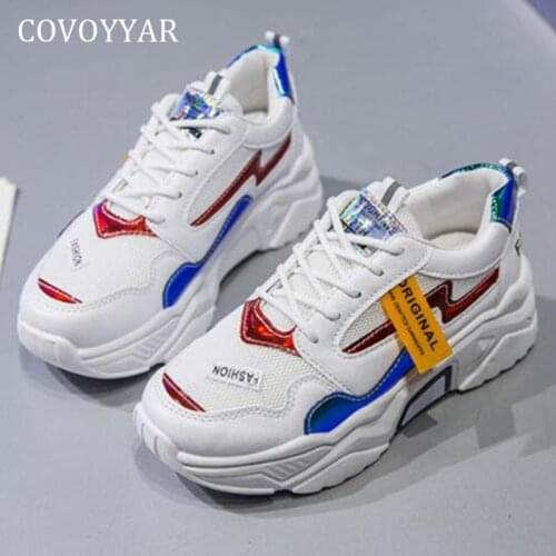 COVOYYAR Platform Chunky Shoes Casual High Wedge Sneaker for Women Lace-up Mixed Colors Reflective Shoes for Women WSN422