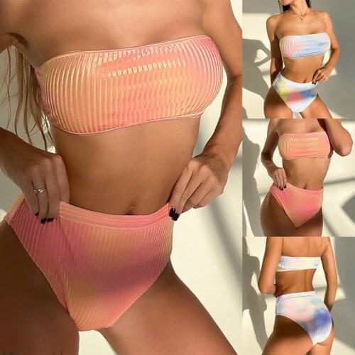 Hot kf-Bandeau Ribbed Tie Dye High Waist Bikini Women Swimwear 2-Pieces Bikini Set Bathing Suit Swim